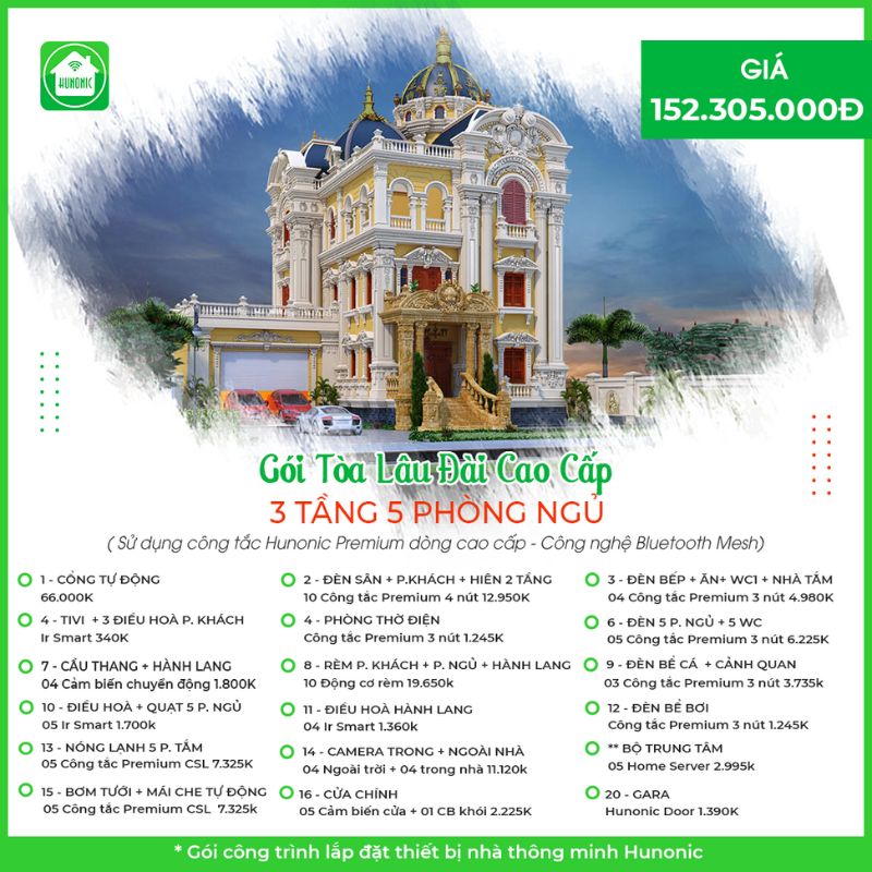 Trọn gói Tòa lâu đài cao cấp cho nhà 3 tầng, 5 phòng ngủ